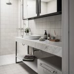 Uchwyty Pull Bar z podkładką zaprezentowane na meblach łazienkowych
