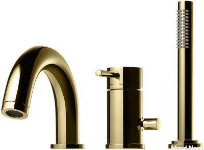 Grifo de bañera de tres orificios con caño y rociador BI047, Latón Dorado Miel