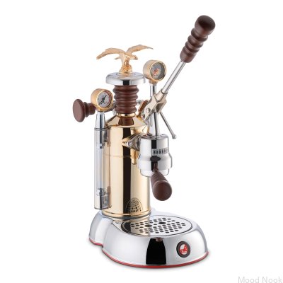 Máquina de café com alavanca Esperto Compente cromada e dourada
