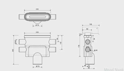 Módulo de desagüe con salida vertical 75 mm con sifón extraíble y cuatro conexiones laterales