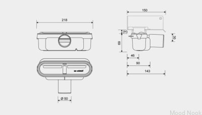 Módulo de desagüe con salida horizontal de 50 mm con sifón extraíble y perfil de montaje bajo