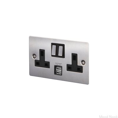 Двойная розетка USB Type G UK 2G, сталь, серебристый цвет, британский стандарт.