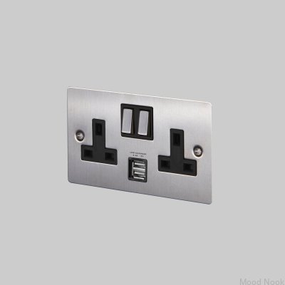 Двойная розетка USB Type G UK 2G, сталь, серебристый цвет, британский стандарт.